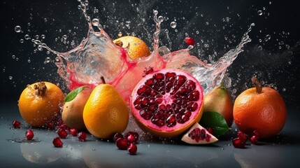 A fruit salad with a splash of water on top