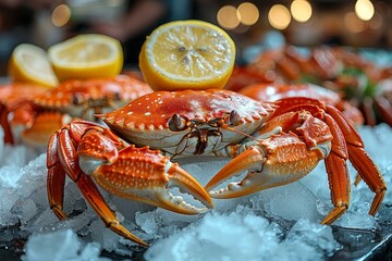 Close up of raw red crab and fresh crab meat at seafood market, appetizing crustaceans on ice