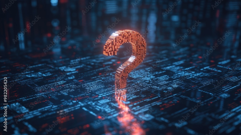 Aufkleber a digital 3d question mark made of binary code, symbolizing ai's role in personalized knowledge assi