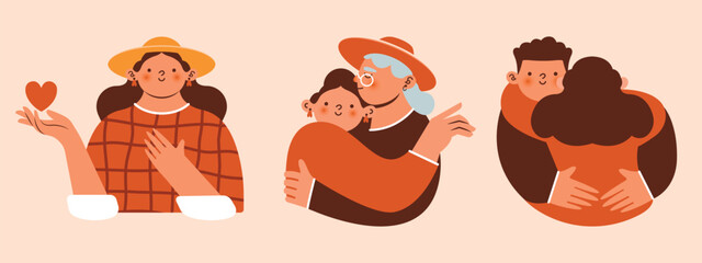 National Hug Day. Cute illustrations with young woman, who holding heart on hand, grandmother hugging granddaughter, couple of lovers, friends. Persons posing together. Hand drawn cartoon characters.