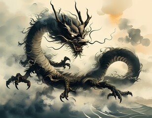 a chinese dragon, hovering over the sea level in an ancient painting of ink and wash style