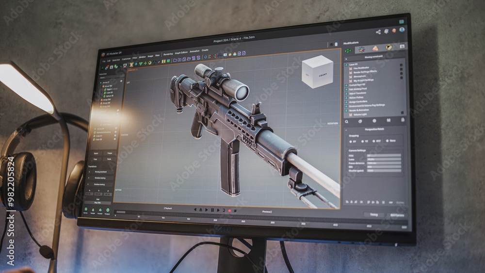 Poster Interface of professional 3D modeling or design software displayed on the computer monitor. Unrecognizable 3D designer creates and draws sniper rifle using PC, works at home on freelance project.