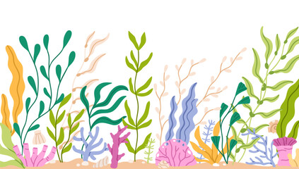 Algae, seaweeds and corals, underwater sea plants border. Tropical marine flora. Undersea grass, under water floral leaves, natural seabed. Flat vector illustration isolated on white background © Good Studio
