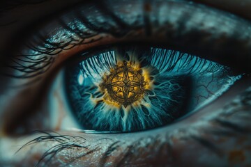 A close - up of an eye with a complex esoteric symbol in place of the pupil
