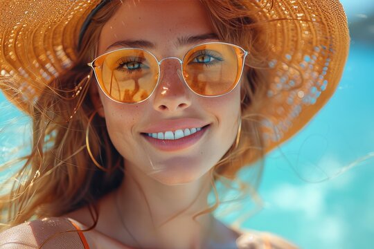 Joyful girl in a large hat and quirky glasses excited for her upcoming seaside vacation adventure