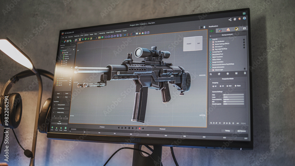 Poster Interface of professional 3D modeling or design software displayed on the computer monitor. Unrecognizable 3D designer creates and draws sniper rifle using PC, works at home on freelance project.