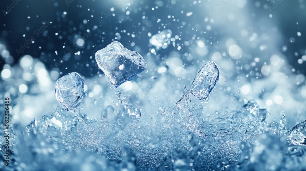 Poster ice cubes splashing in water with a bokeh background