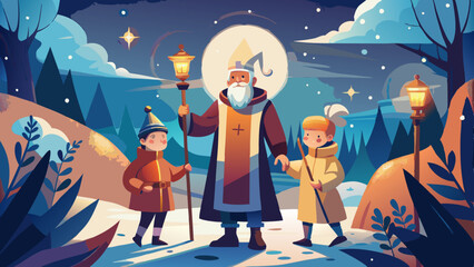 Illustration of St. Nicholas with two children holding lanterns, walking through a snowy landscape under a starry sky. The peaceful, magical atmosphere represents the tradition of St. Nicholas Day