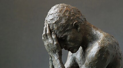 Obraz premium A sculpture of a man in deep thought, covering his face in worry, viewed from the side, creating an emotional and artistic display.
