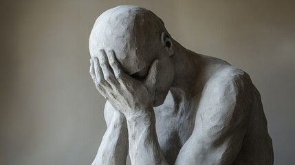 A side-view sculpture of a man covering his face, representing deep emotion, sadness, and anxiety in a modern art form.