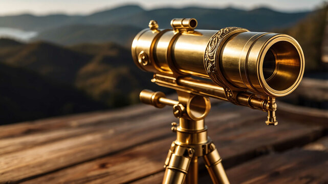 Brass telescope on wooden tripod background