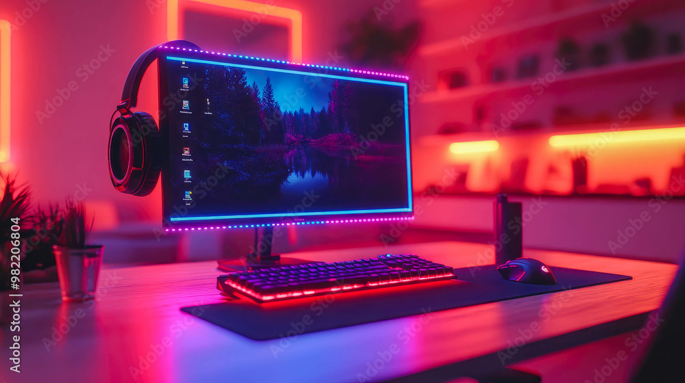 Poster a powerful desktop computer on a clean desk with a vibrant sunset background on the monitor