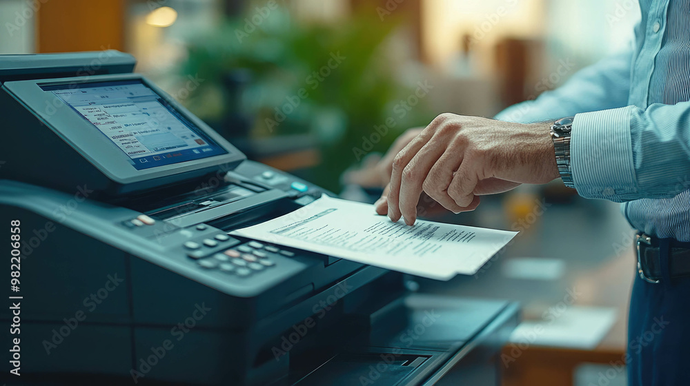 Poster hand operating a high-tech printer in an office setting, focused on document processing