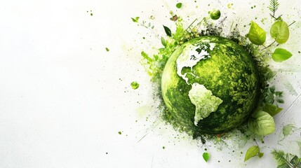 A stylized green Earth with nature-themed elements, set against a clean white background, promoting ecological balance.