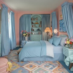 Wide angle view of a pastel bedroom. This room is decorated in a lovely blue tone. Decorated with a cute patterned carpet, colorful flowers and a stylish lamp to create warmth.