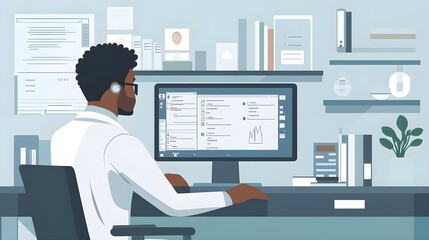 Black Doctor Working on Computer in Office