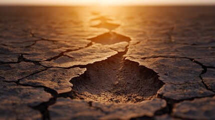 Obraz premium Cracked earth with footprints leading into the distance, visualizing the environmental impact of human actions on land