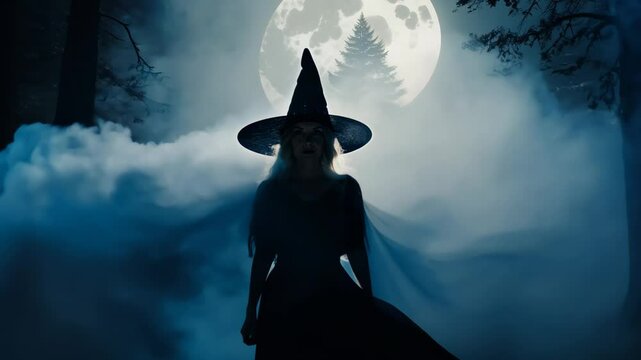 A dark, mystical silhouette of a witch under a full moon, evoking a sense of magic and mystery in the nighttime sky.