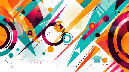 Obraz premium Dynamic geometric wallpaper with triangles and circles in orange teal and bright pink