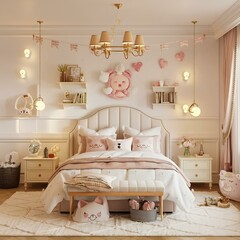 Wide angle view of the bedroom. It is a dream bedroom for girls. The color is soft white. Decorated with cute decorations. Add warmth to the bedroom with warm-toned lamps.