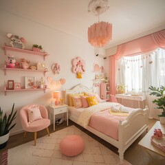 Wide angle view of the bedroom, a dream of girls because of its cuteness, soft white tone, cute decoration, light pink tone room, adding warmth to the bedroom with warm tone lamp.