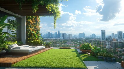 Obraz premium Private rooftop sky garden with verdant greenery, grassy fields, and scenic city views, offering a peaceful escape amidst urban high-rises.