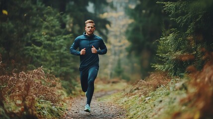 A young man runs through a forest path,  wearing black running pants and a blue long-sleeve shirt.