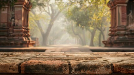 Brick tabletop with an ancient temple earthy tones and light mist in the background