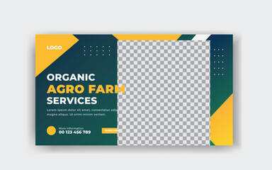 Organic and agriculture service YouTube thumbnail design template, modern garden, 
social media cover and yellow color shapes