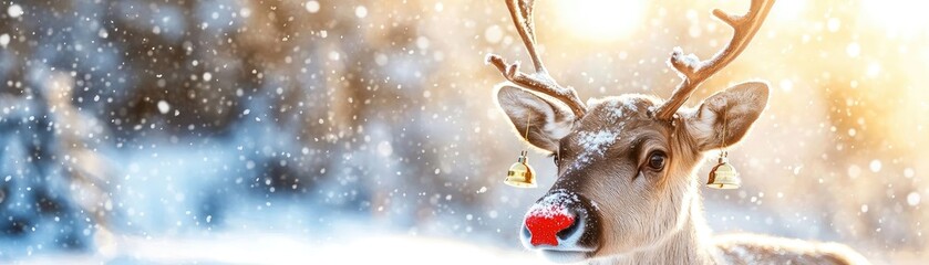 Charming reindeer with a festive red nose in a snowy landscape, creating a magical winter atmosphere for holiday celebrations.