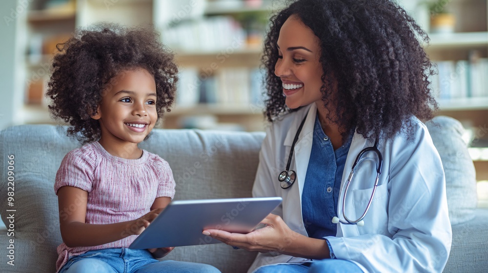 Poster a child sitting on a couch with a tablet, engaging in a telehealth appointment with a doctor. the pa