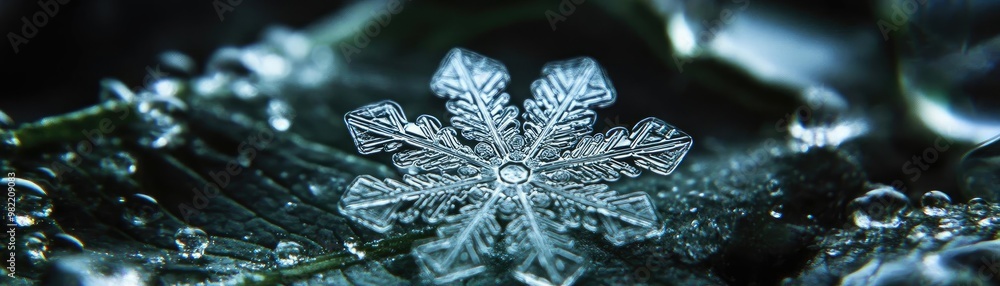 Poster a close-up view of a delicate snowflake resting on a green leaf, surrounded by shimmering droplets o