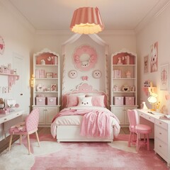 Wide angle view of the bedroom. It is a dream bedroom for girls. The color is soft white. Decorated with cute decorations. Add warmth to the bedroom with warm-toned lamps.