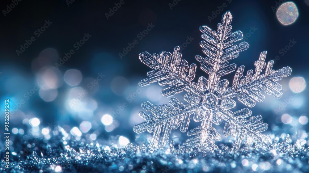 Poster a stunning close-up of a delicate snowflake resting on a shimmering surface, showcasing intricate de