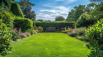 Fototapeta premium Bright garden with green grass colorful flowers and blue sky framed by wooden bench