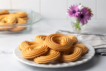 Sweet and tasty round butter cookies. Round ring shaped German spritz biscuits