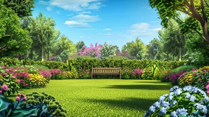 Obraz premium Serene garden scene with bright lawn colorful flowers clear blue sky and wooden bench