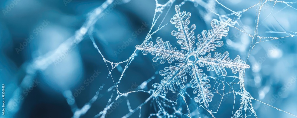 Poster close-up of a delicate snowflake surrounded by ice, showcasing intricate patterns and the beauty of 