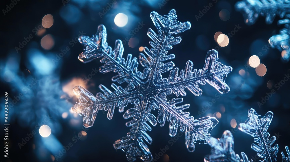 Poster close-up of a delicate snowflake glistening in soft winter light, showcasing intricate patterns and 
