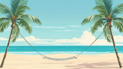Obraz premium Tropical beach with hammock strung between palms clear blue sky and gentle waves