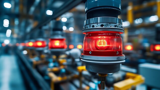 A detailed close-up of a factoryâ€™s fire detection system, with smoke detectors and heat sensors positioned above heavy machinery. The image highlights the integration of safety technology in