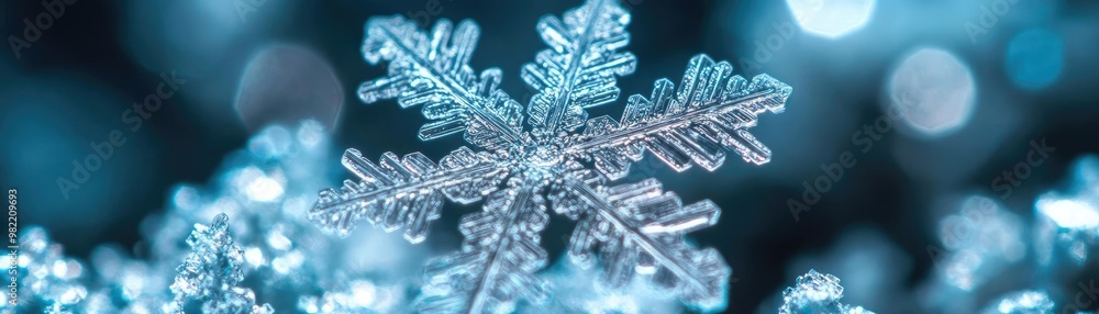 Poster a delicate snowflake resting on a bed of glistening snow, showcasing intricate patterns and shimmeri