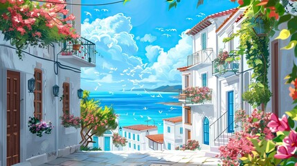 Coastal town with whitewashed buildings blue rooftops clear sky and flowers