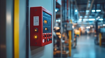 A fire alarm control panel mounted on a factory wall, surrounded by industrial equipment and safety signage. The panel displays active system status lights, emphasizing the importance of fire