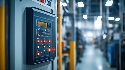 A fire alarm control panel mounted on a factory wall, surrounded by industrial equipment and safety signage. The panel displays active system status lights, emphasizing the importance of fire
