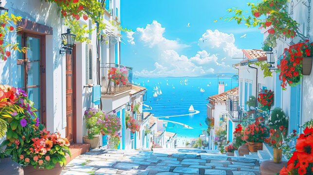 Coastal town card mockup with white buildings blue rooftops flowers and clear sky