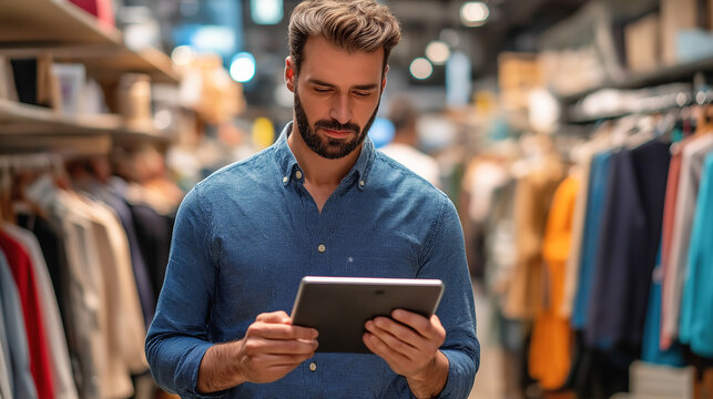A brutal clothing sales Manager with a tablet inspects clothes in the sales area.