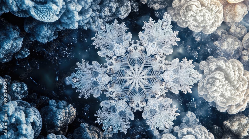 Poster intricate snowflake design showcases delicate patterns against a textured blue background, capturing