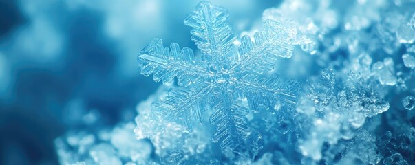 Close-up view of a delicate snowflake resting on frozen surface, showcasing intricate crystal patterns and a cool blue background.