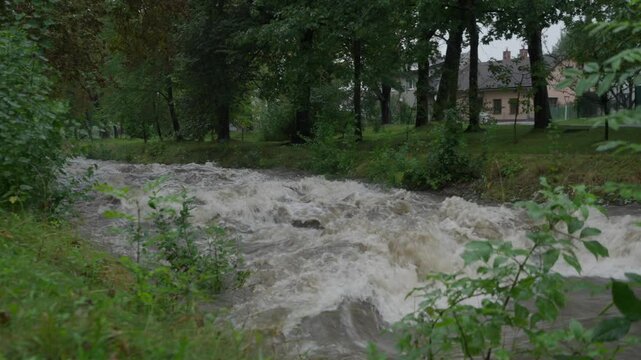 Pan wide shot of strong current of river